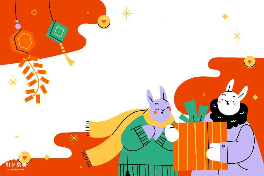 潮流趣味卡通可爱兔子兔年新年春节插画banner海报AI矢量设计素材【004】